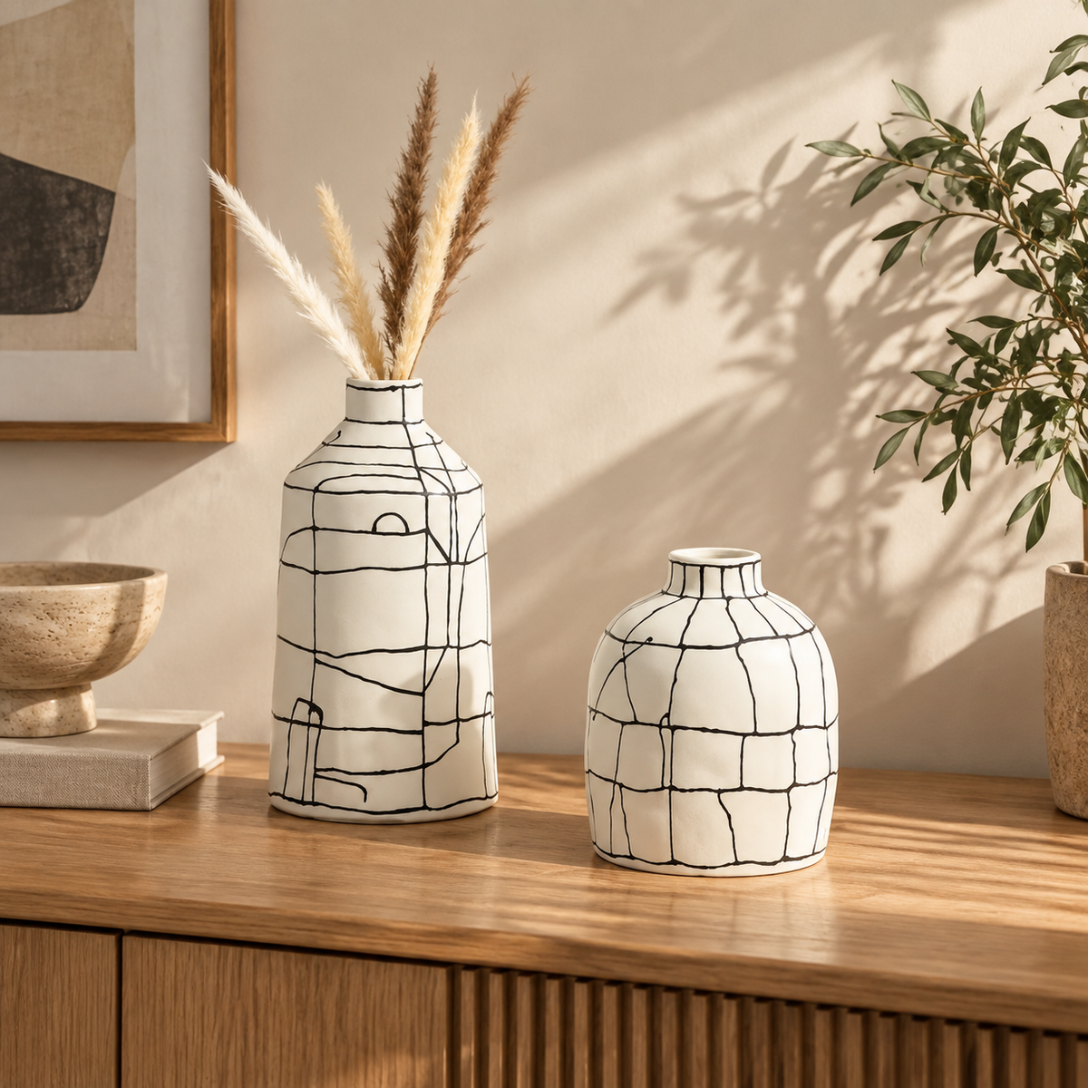 CLAYMORIA® Hand-Drawn Line Art Ceramic Vase Set